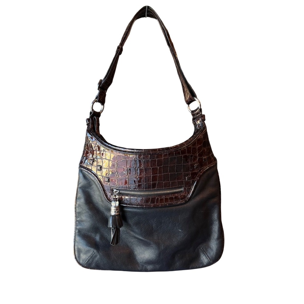 Brighton Black Brown Leather Croc Embossed Tassel Hobo Shoulder Bag